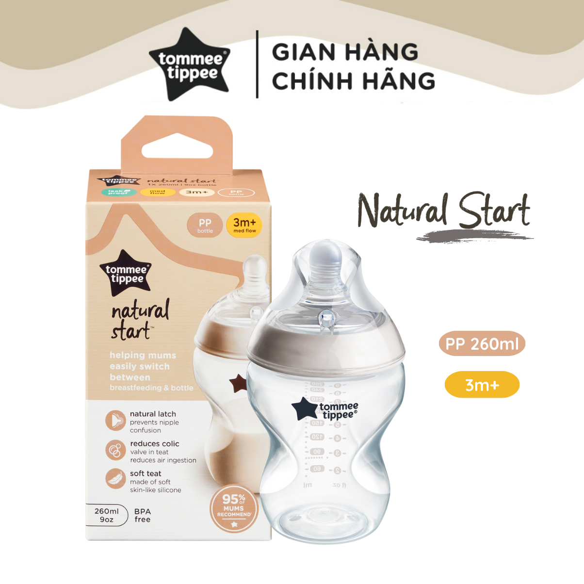 Bình Sữa Ty Siêu Mềm Tự nhiên Tommee Tippee Natural Start 260ml, Núm Ty Của Bình 3-6 Tháng