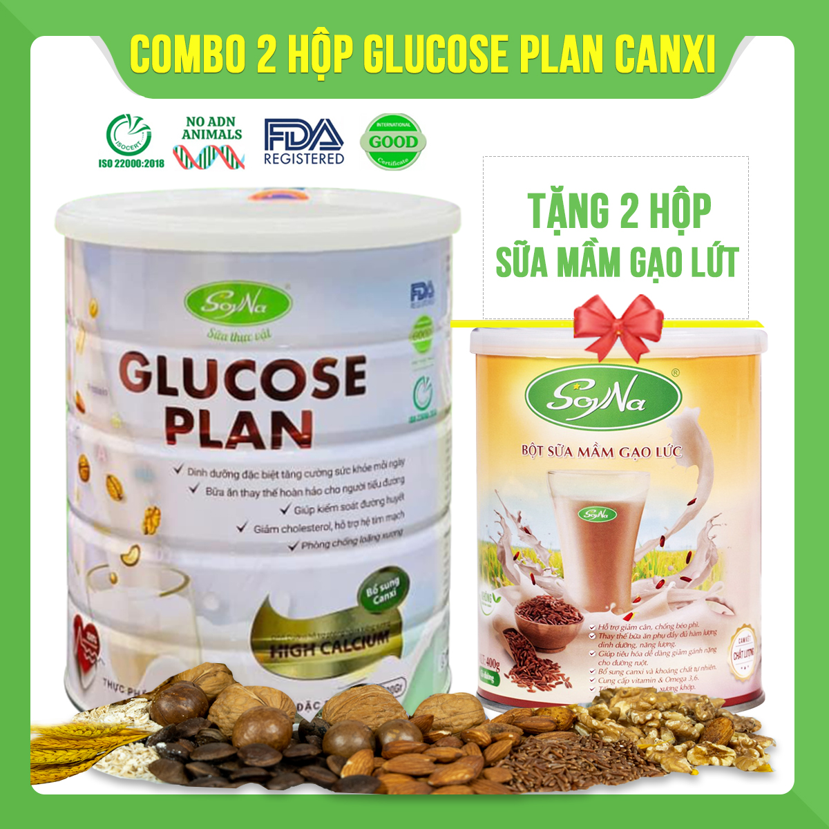 Combo 2 hộp Sữa Glucose Plan Canxi Soyna 900g tặng kèm 2 hộp sữa hạt 300g hoặc 2 hộp sữa mầm gạo lứt 300g