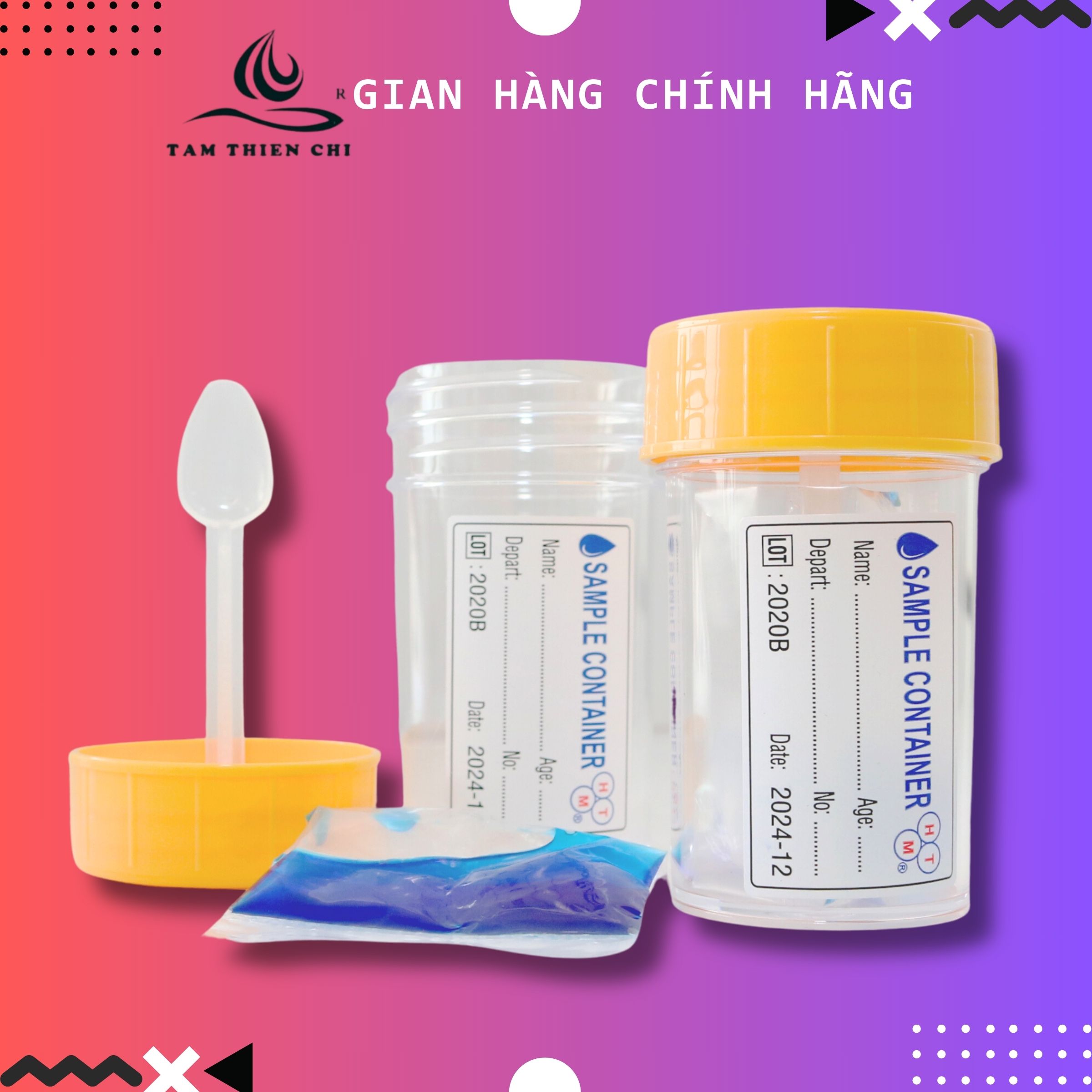 Lọ đựng mẫu nắp màu vàng có chất bảo quản có muỗng 50ml HTM túi 10 cái