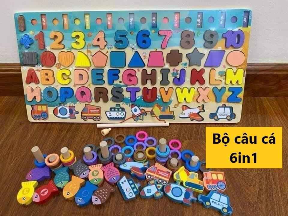 Đồ Chơi Gỗ, Bảng Chữ Cái 6in1, Đồ Chơi Câu Cá, Ghép Hình Học, Chữ Số, Chữ Cái, Phương Tiện