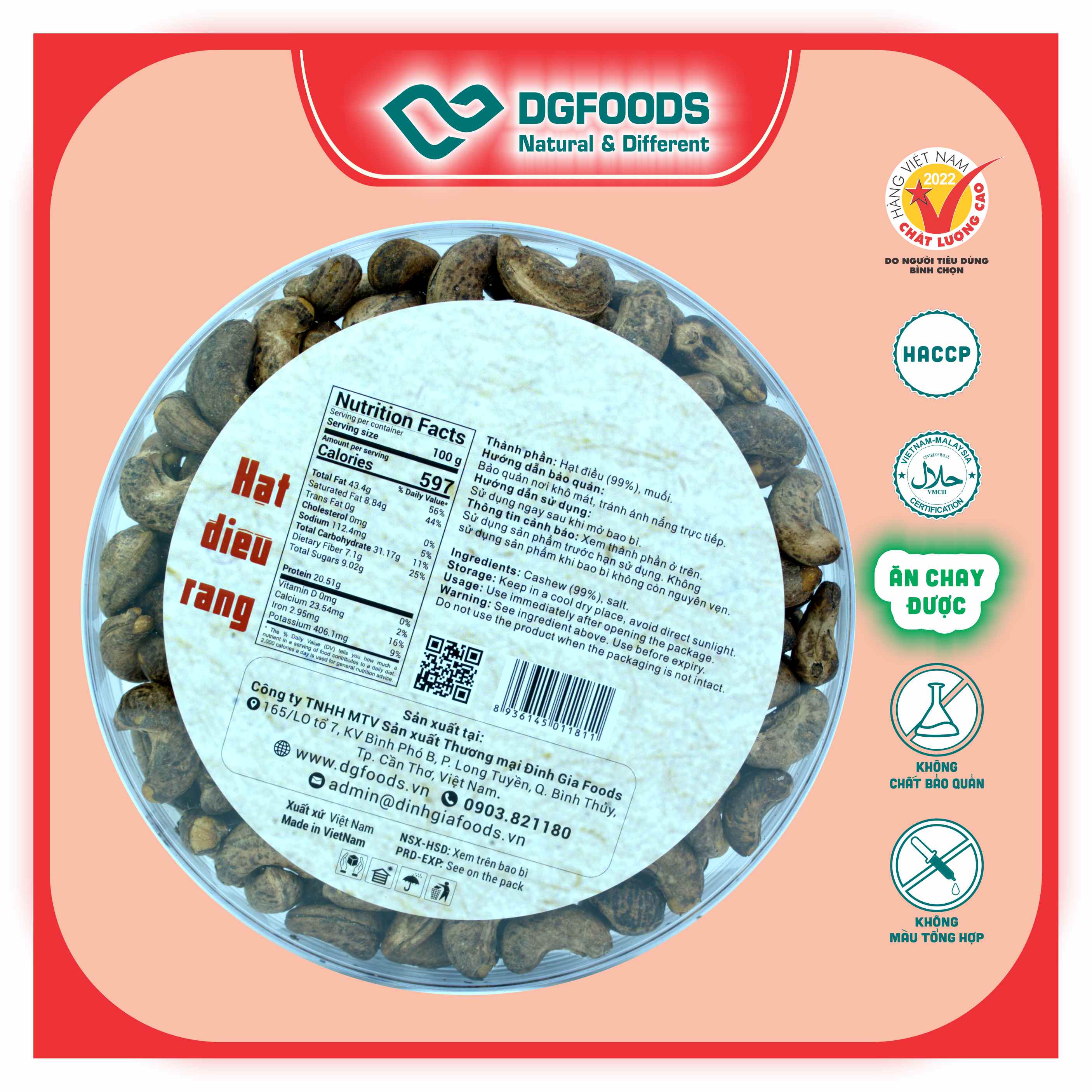 Hạt Điều Rang Dgfoods 320g/hộp tròn Sun, HVNCLC, Haccp, Halal, Ăn chay, Ăn kiêng, Đặc sản Cần Thơ, hạt điều Bình Phước, hạt dinh dưỡng, quà Tết, hàng Tết, quà tặng, quà tặng cao cấp