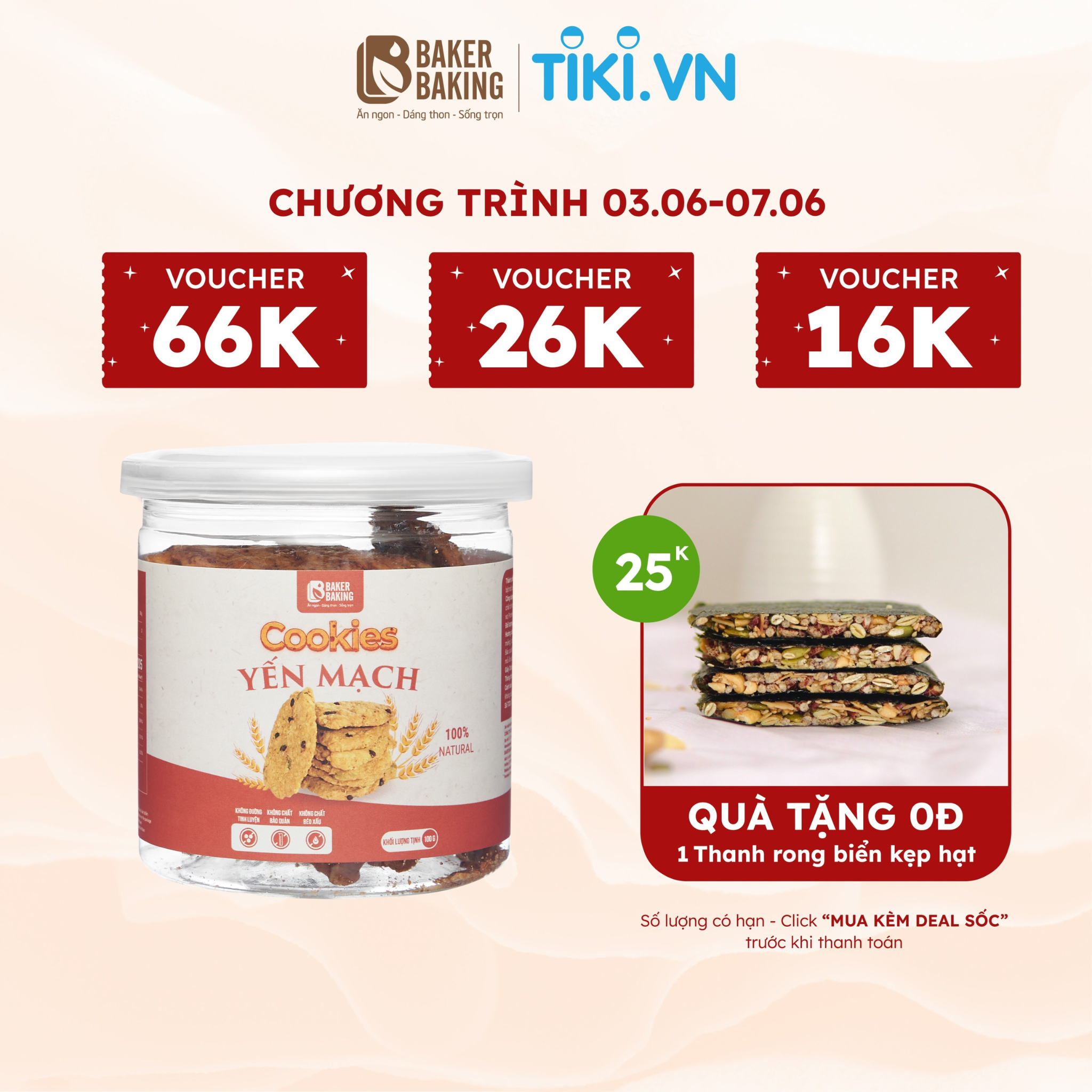 Bánh quy ăn kiêng Baker Baking cookies yến mạch không đường giảm cân dành cho người ăn kiêng, tiểu đường, eatclean 100g