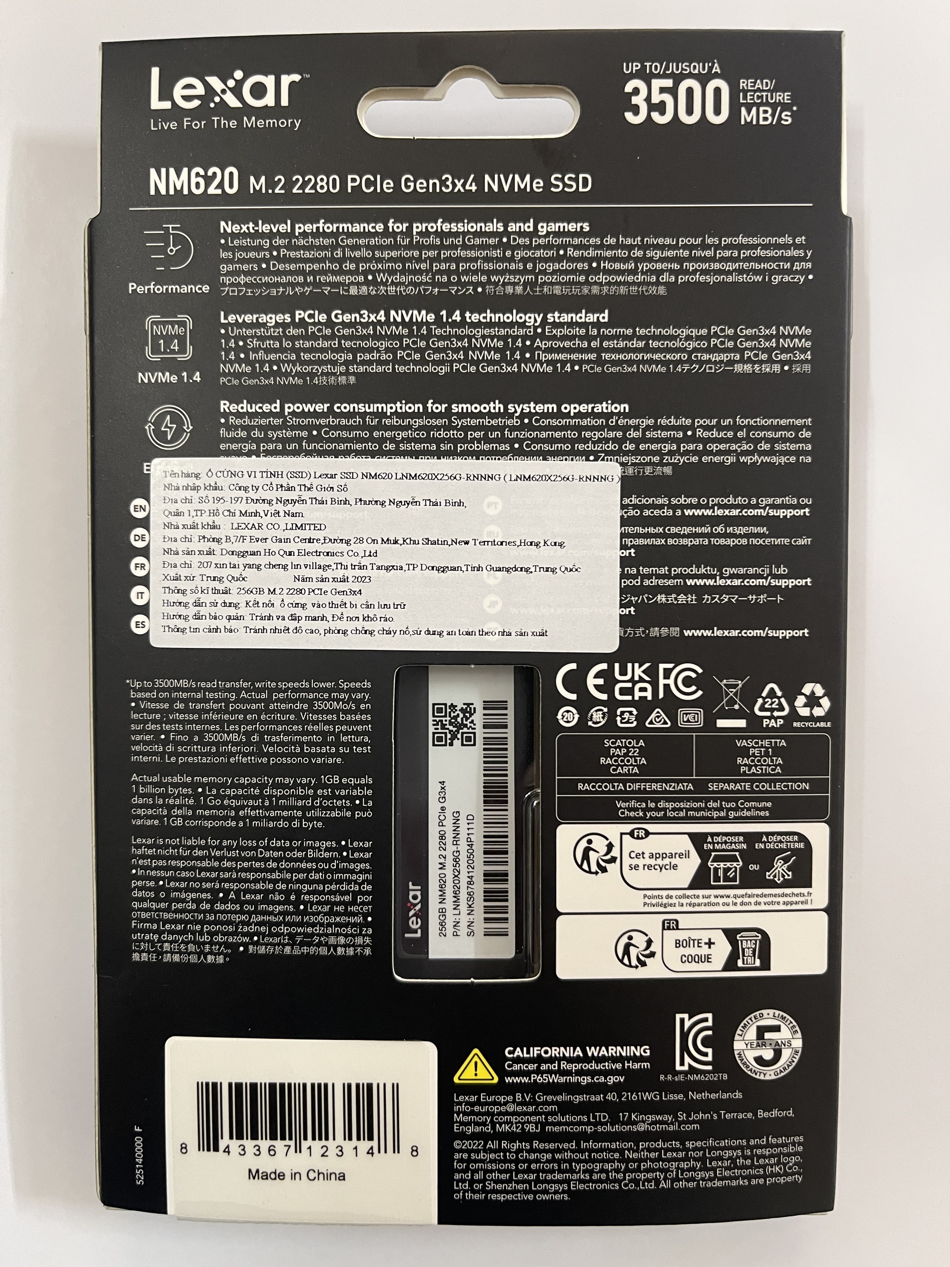 Ổ cứng SSD M.2 Lexar NM620 256GB NVMe 2280 PCle Gen 3x4 - Hàng chính hãng DigiWorld phân phối