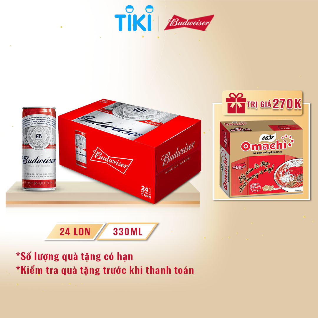 [Tặng thùng mì date T5] Thùng 24 Lon Bia Budweiser Chính Hãng (330ml/lon)