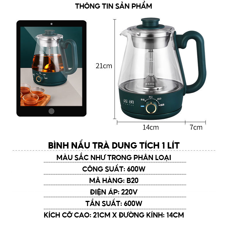 Bình Đun Điện Nấu Trà Dưỡng Sinh Có Đế Rời, Dung Tích 1 Lít Nấu Trà Nấu Nước Giữ Nhiệt Đa Năng