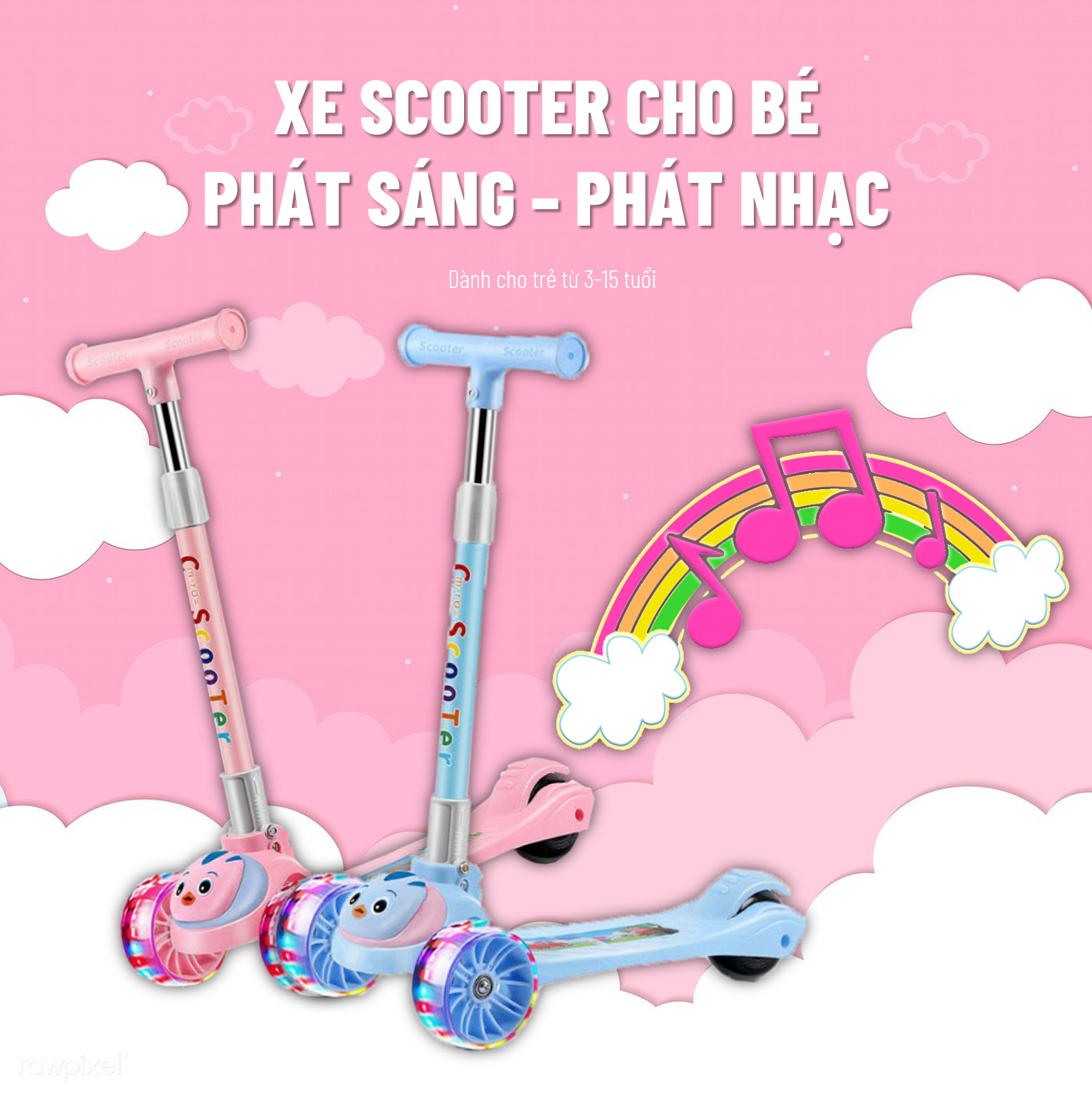 Xe Trượt Scooter Cho Bé - Có Đèn Led Phát Sáng - Phát Nhạc - Dành Cho Trẻ Em Từ 3 - 15 Tuổi, chất liệu nhựa PP thân thiện môi trường, gọn nhẹ, dễ dang mang theo