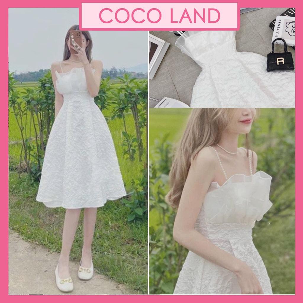 Váy Trắng dự tiệc Thiết Kế Hai Dây Ngọc Xốp Vân Nổi Prince Dress babydoll váy xinh ulzzang - Váy mầu trắng