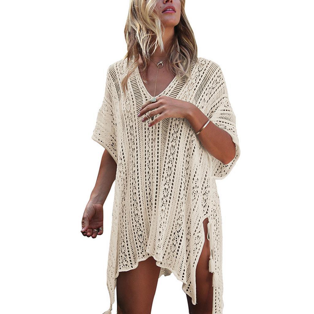 Womens V-Neck Swimwear Hollow Out Swimsuit Cover Up Knitted Beach Dresses