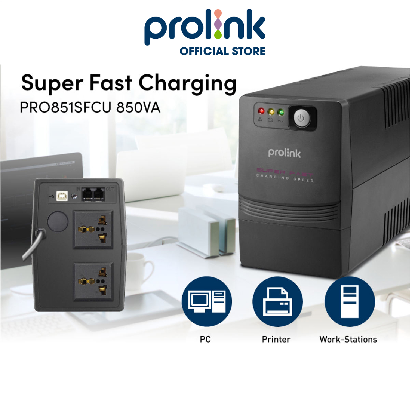 Bộ nguồn cấp điện liên tục UPS PROLiNK 850VA Công suất 480W, tích hợp bộ AVR, sạc siêu nhanh - Hàng chính hãng
