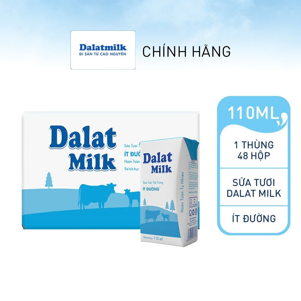 Thùng 48 hộp sữa tươi tiệt trùng Dalatmilk ít đường 110ml