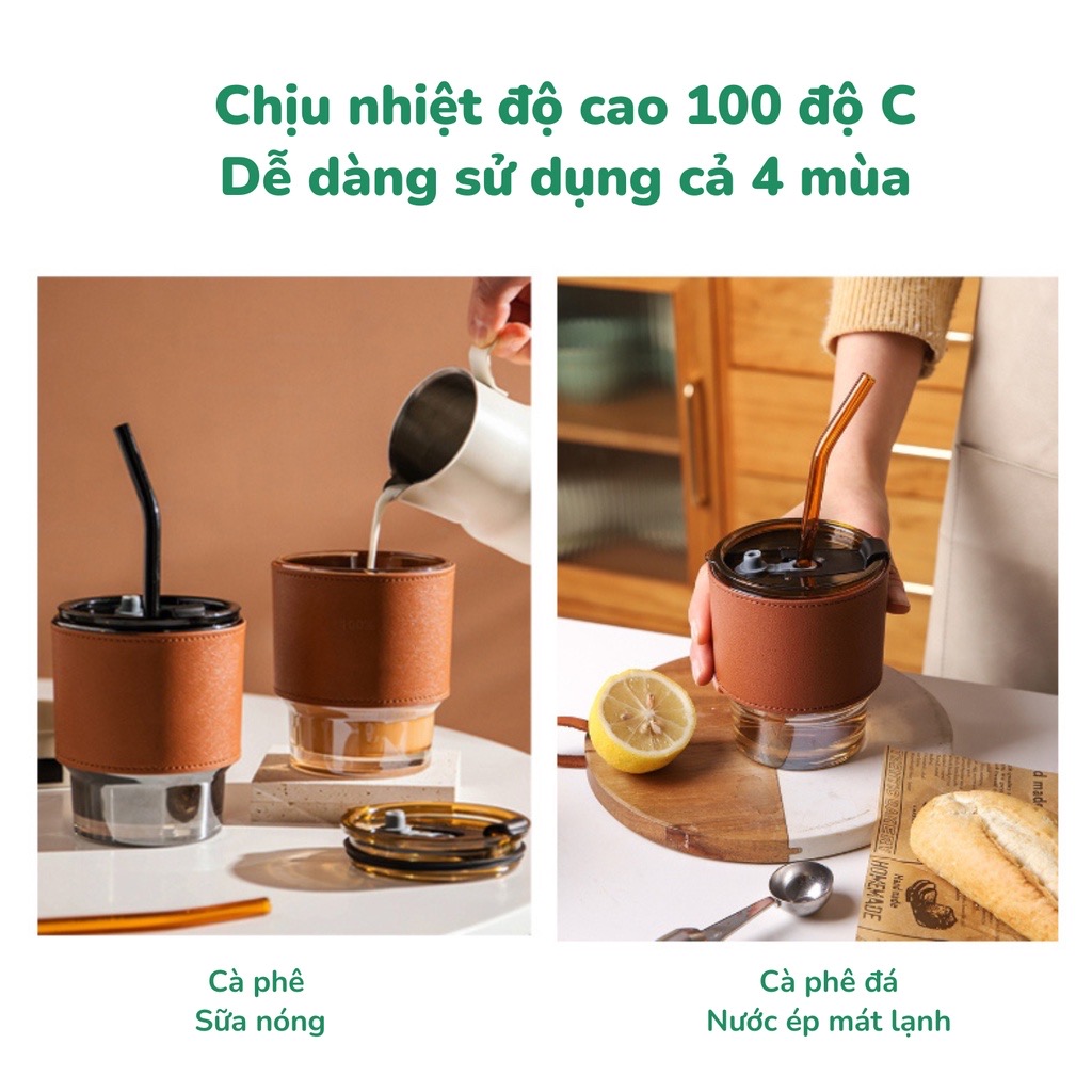 Ly thủy tinh cao cấp bọc da kèm nắp chống tràn và ống hút tiện ích