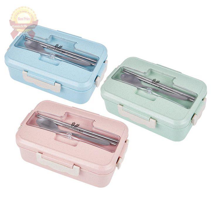 Hộp cơm 3 ngăn lúa mạch kèm thìa đũa Inox chịu nhiệt cỡ lớn nắp khóa chống tràn Giá đỡ điện thoại Đồ dùng văn phòng