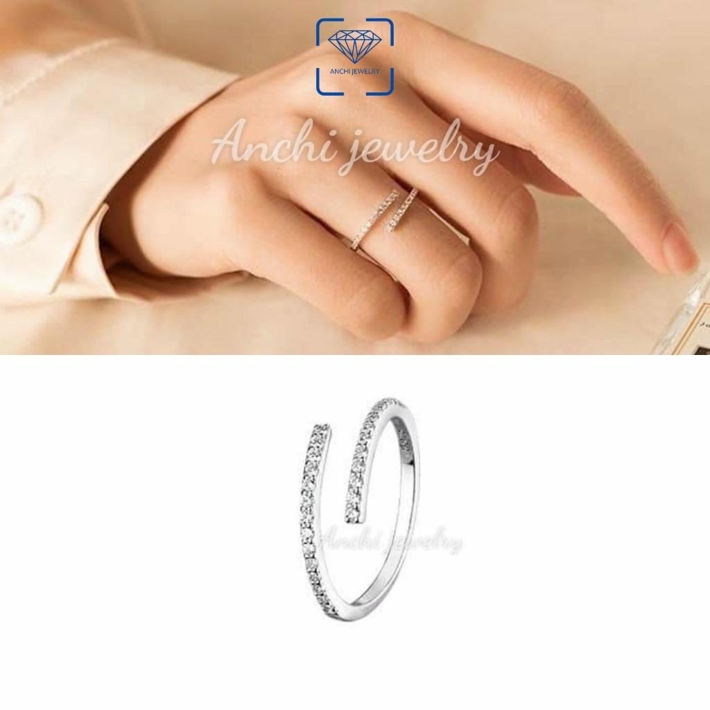 Nhẫn bạc hở đính full đá freesize cho nữ, Anchi jewelry