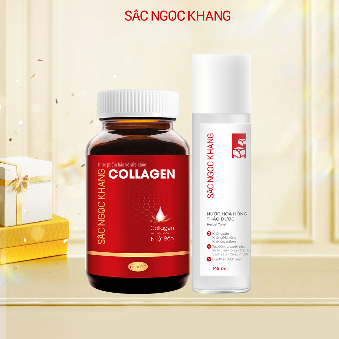 Combo dưỡng da bên trong viên uống Collagen 60 viên và dưỡng da bên ngoài Nước hoa hồng 145ml (Sắc Ngọc Khang)