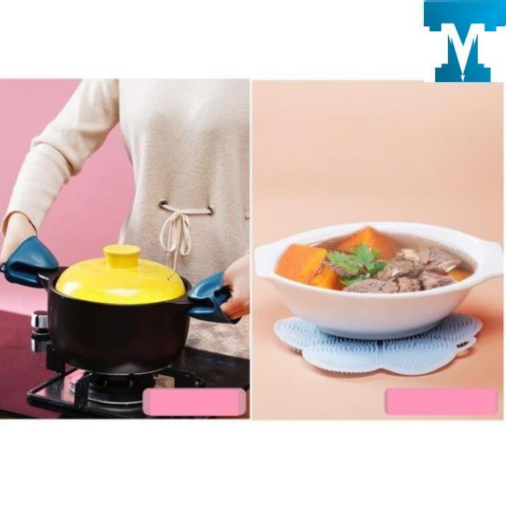 Bộ Dụng Cụ Kẹp Gắp Đồ Nóng Thức Ăn Đa Năng Inox Chống Bỏng Kèm Găng Tay, Miếng Lót Nồi Silicon