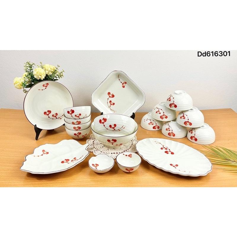 Bộ bát đĩa 18-20 món men kem, họa tiết vẽ thủ công. Gốm sứ Bát Tràng