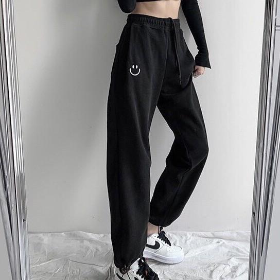 Quần jogger nữ Mặt Cười đen trắng ghi xanhunisex cap cao ống suông rông bo gấu