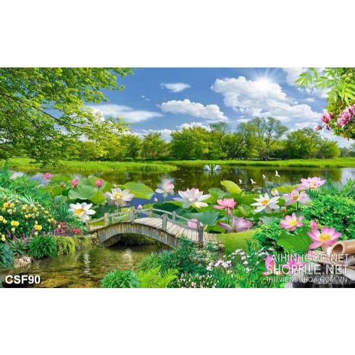 (HCM) Tranh dán tường 3d phong cảnh hoa sen trang trí phòng khách, nhà hàng tích hợp sẵn keo