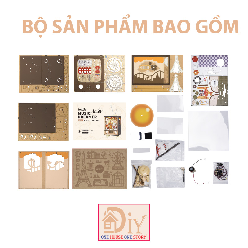 Hộp nhạc Mô hình Tivi gỗ cơ động học DIY Robotime Rolife Sunset Carnival Music Box AMT01 tự lắp ráp Quà tặng giáng sinh trang trí sáng tạo