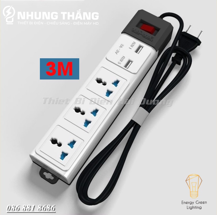 Ổ Cắm Điện Đa Năng Rạng Đông 2 Cổng USB, Sạc Nhanh 5V-2A, Ổ Điện Chịu Tải 2500W, Tích Hợp Rơ Le Tự Ngắt, Dây Dài 3M/5M - CÓ VIDEO