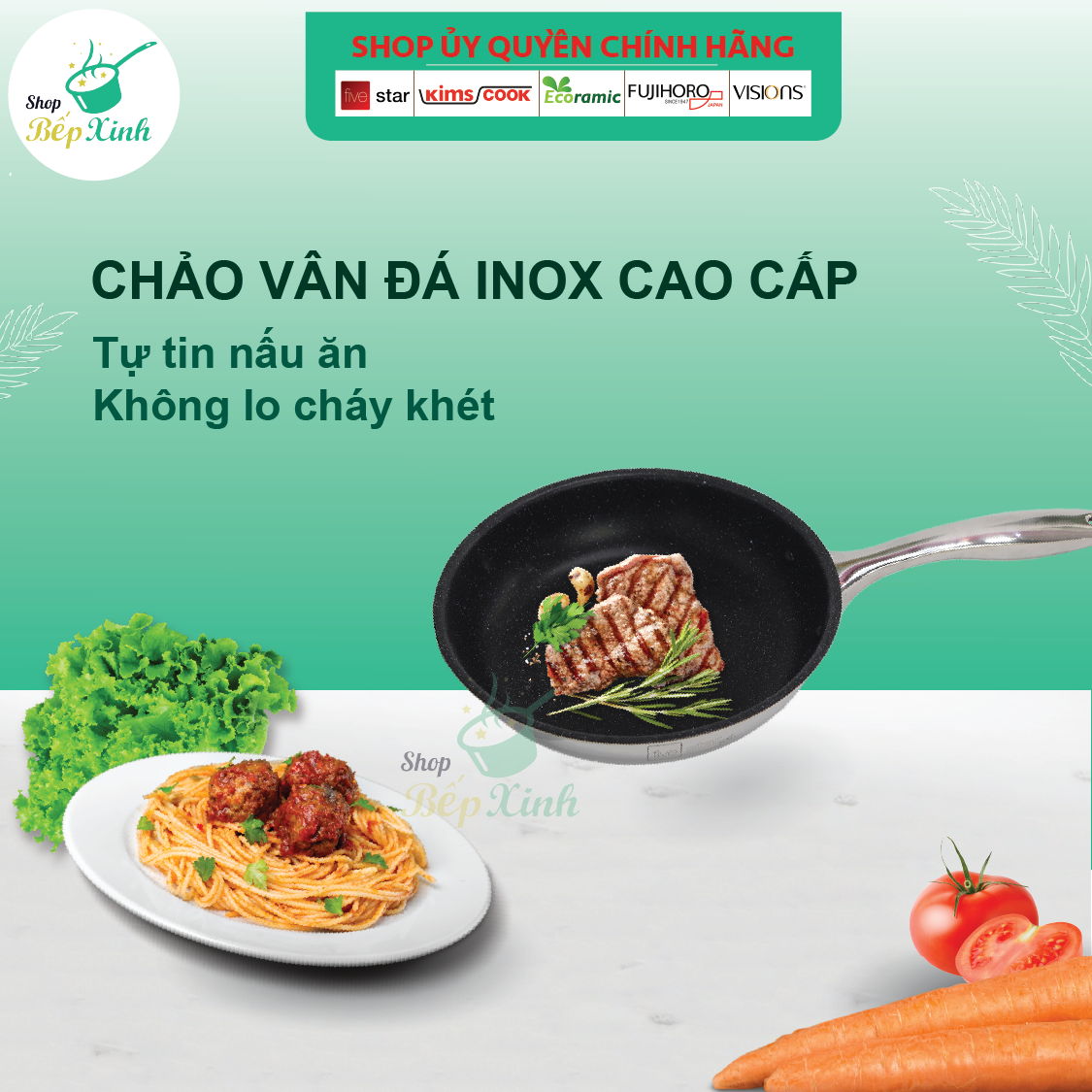 Chảo Chống Dính 3 Lớp Vân Đá Inox 304 Và Nắp Kính Fivestar