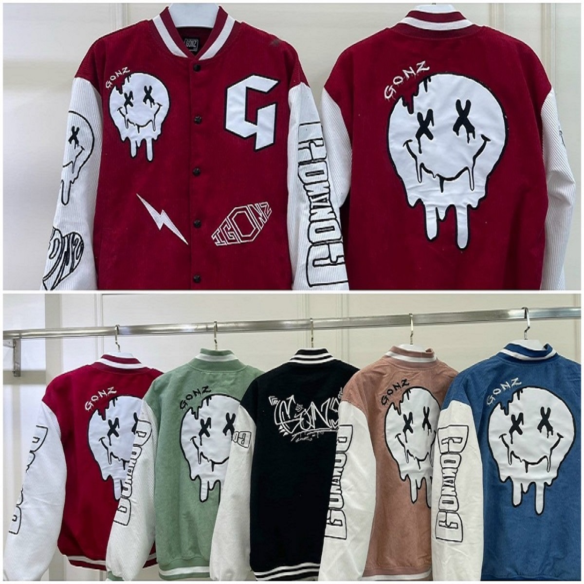 Áo Khoác Bomber Kaki Nhung Gân Thêu Mặt Cười Chữ G Cute- Form Rộng Unisex - Nhung 2000 Nam Nữ Couple