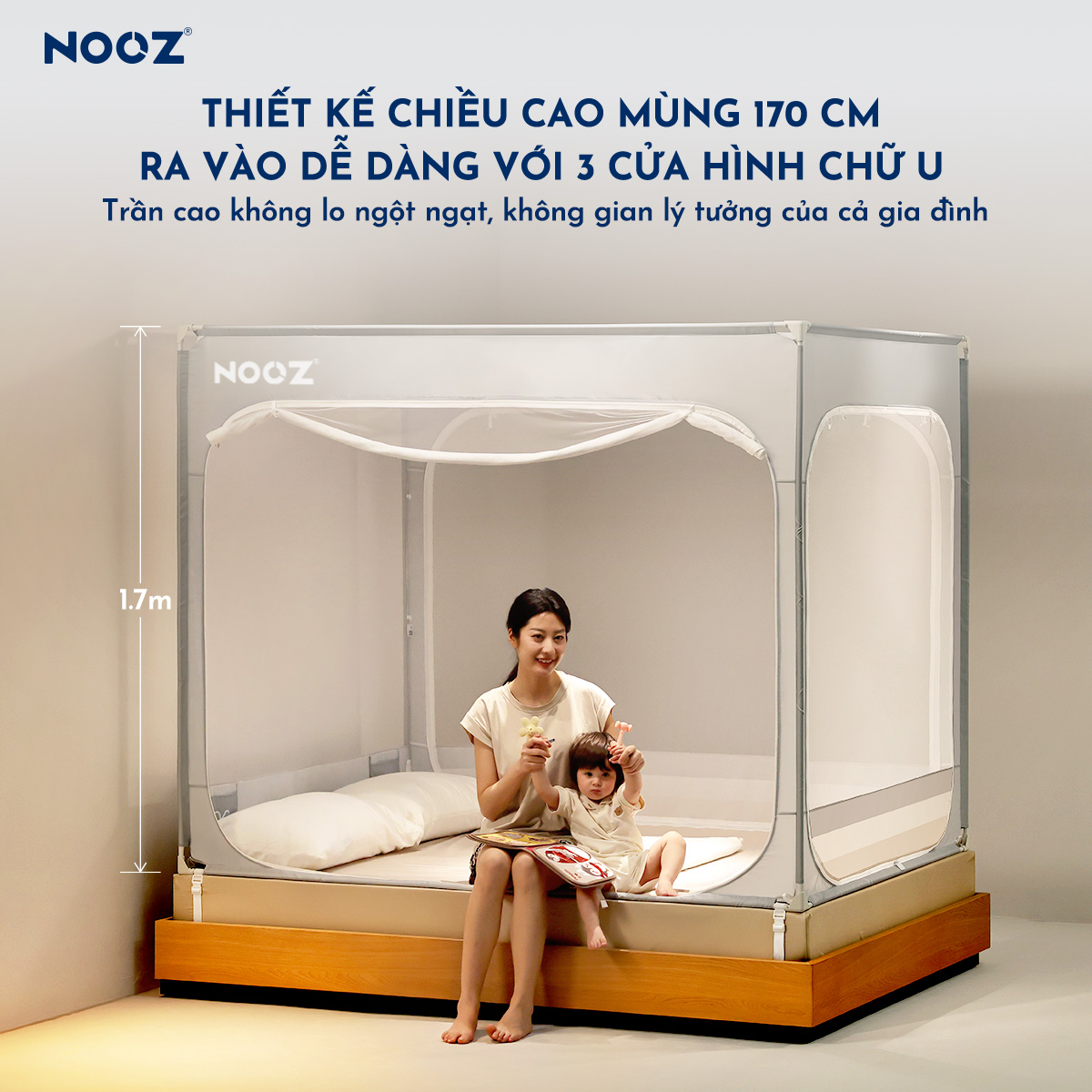 Mùng Chống Ngã NOOZ Khung Vuông Màng Chống Muỗi Dễ Lắp Đặt Không Khoan Tường NOOZ Home Goods