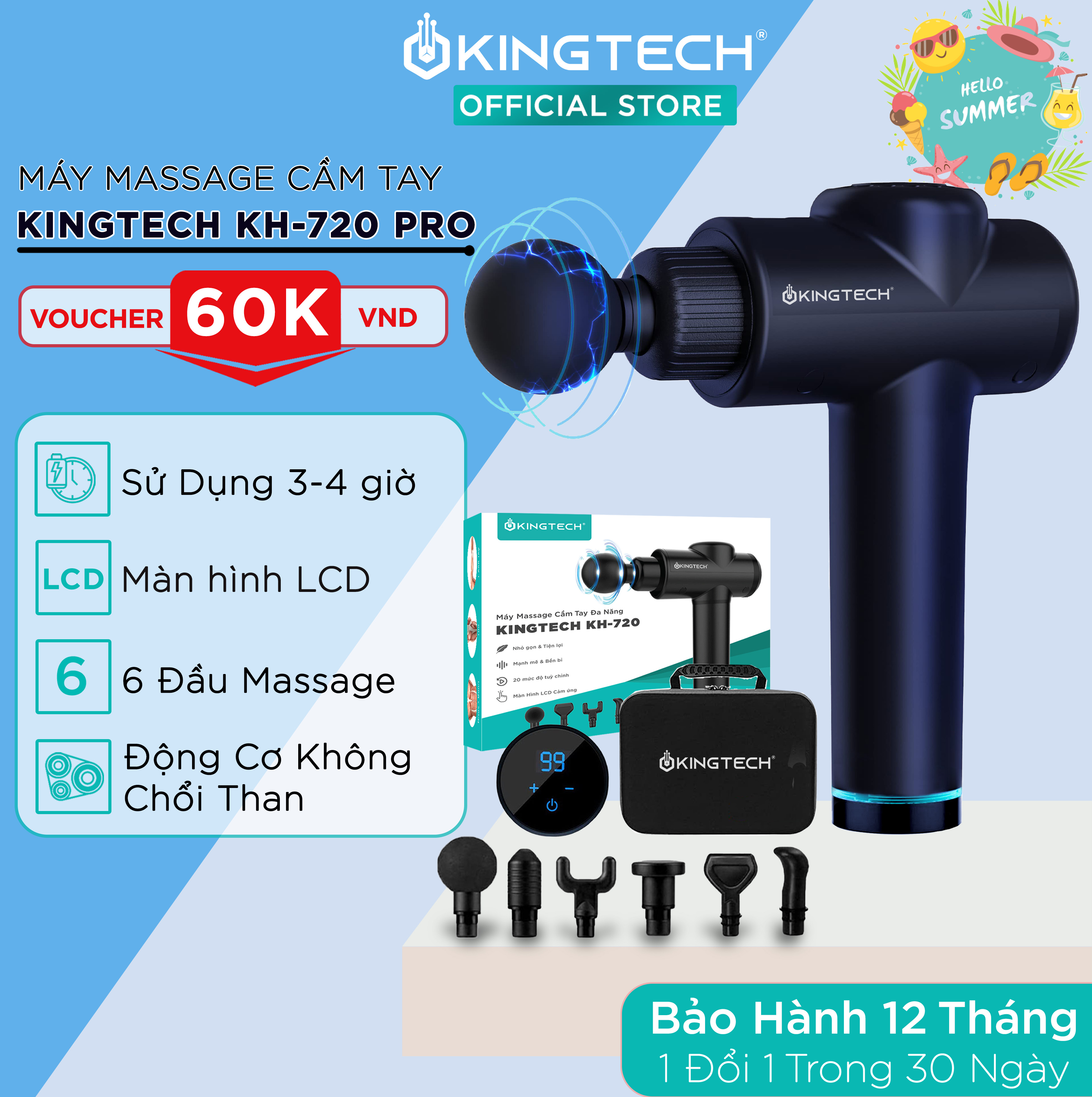 Máy Massage Cầm Tay Cao Cấp KINGTECH KH-720 Pro - 20 Cấp Độ, Hỗ Trợ Mát Xa Chuyên Sâu, Giảm Đau Cơ, Cứng Khớp - Bản Nâng Cấp