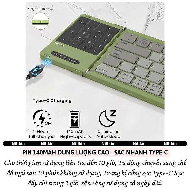 Bàn phím gấp gọn di động không dây bluetooth V5.2 tích hợp trackpad &amp; phím số hiệu Nillkin Cube Pocket - Nhỏ gọn, mỏng nhẹ, phím tắt thông minh, hỗ trợ Androids &amp; iOS, gõ thoải mái cho iPad cho iPhone, máy tính bảng, cho macbook, laptop - hàng nhập khẩu