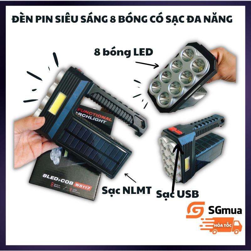 Đèn pin siêu sáng 8 bóng sạc đa năng thích hợp dã ngoại cắm trại