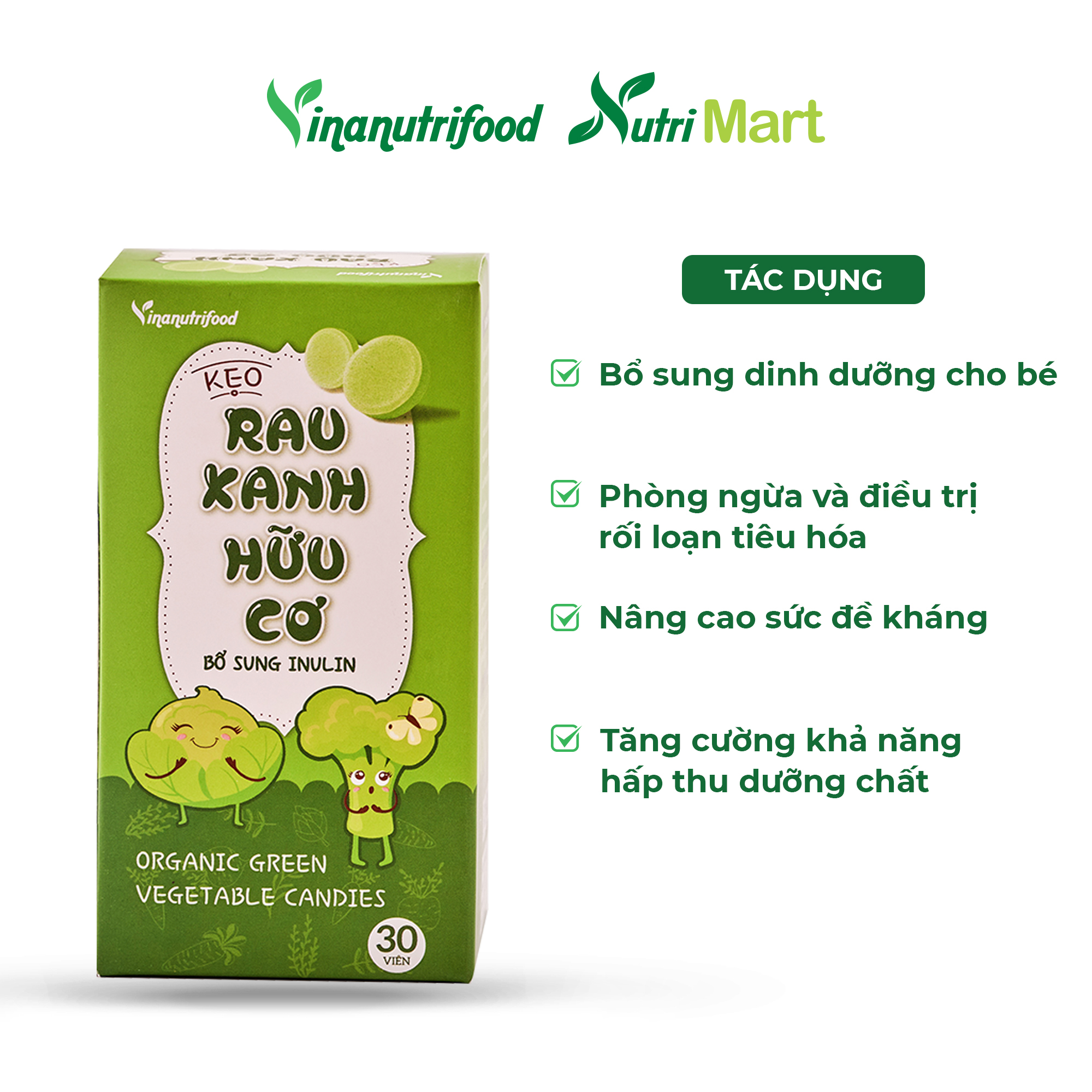 Kẹo rau xanh Vinanutrifood bổ sung chất xơ thành phần từ rau xanh, sữa bò cô đặc, đường ăn kiêng Isomalt, bổ sung tinh chất rau củ chứa vitamin và khoáng chất xơ, có lợi cho tiêu hóa, phù hợp với bé lười ăn rau, hộp 30 viên