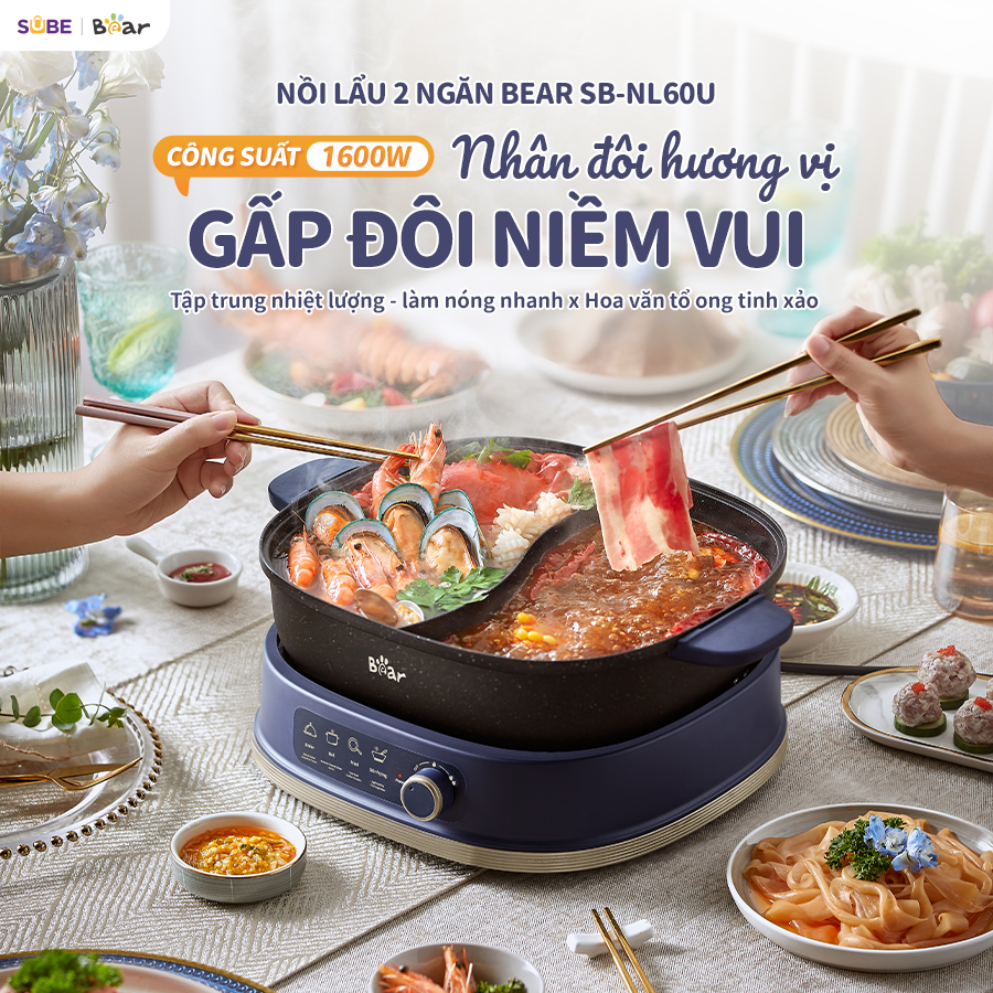 (Hàng chính hãng) Nồi Lẩu Bear 2 Ngăn SB-NL60U Dung Tích 6L. Bảo hành 18 tháng
