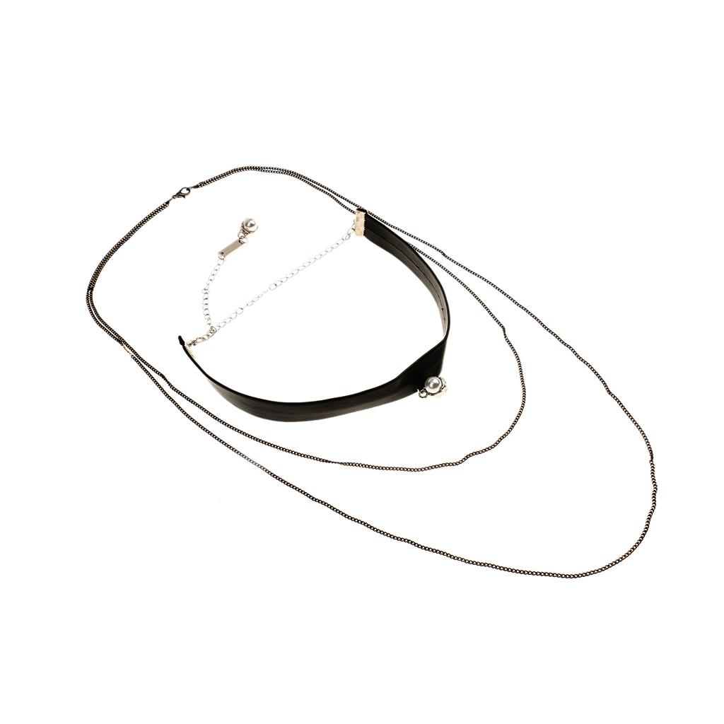 Simple Multilayer Chain Pearl Pendant PU Leather Choker Short Necklace Black