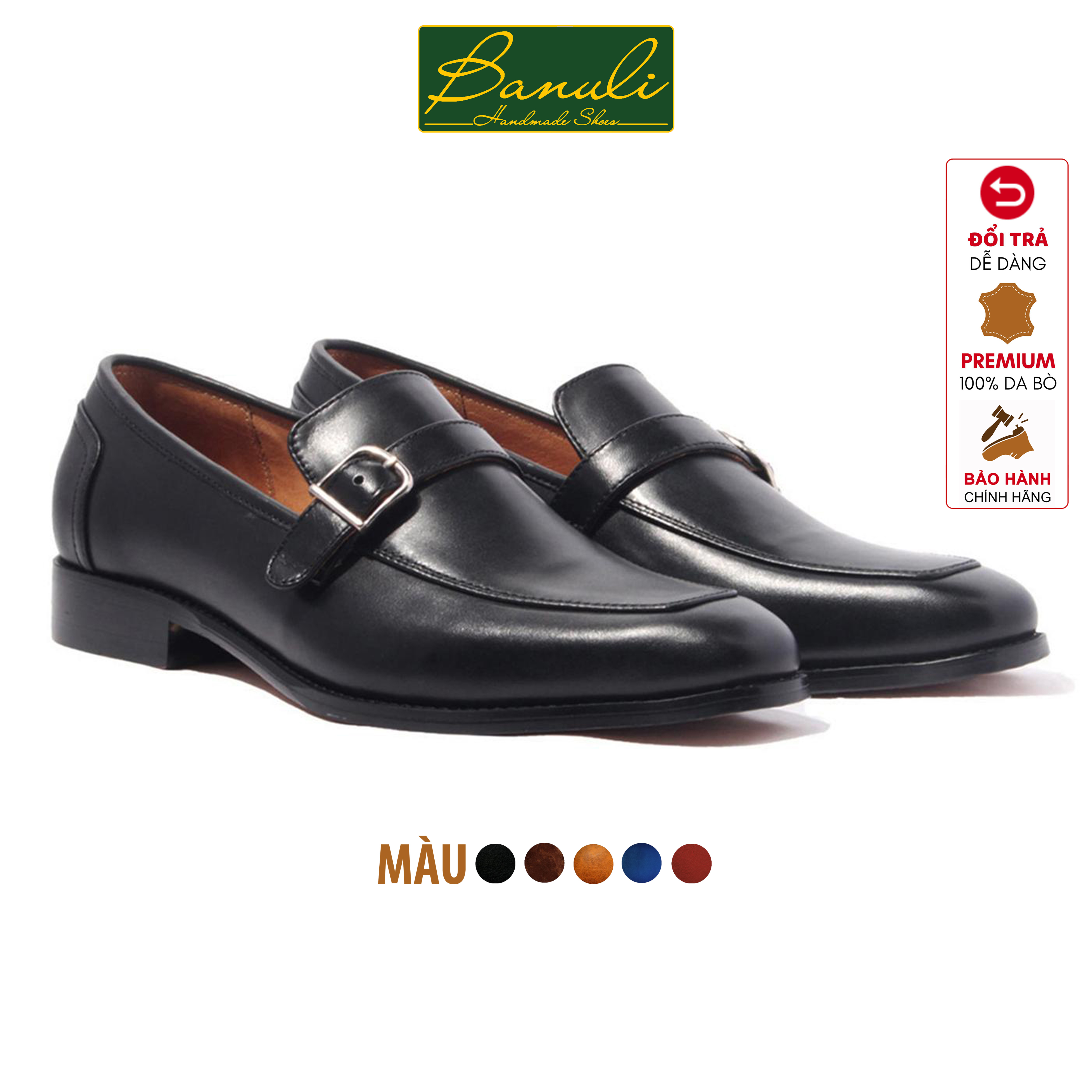 Giày Tây Lười Nam Công Sở Banuli Da Bê Italian Monk Strap Loafers H1ML1 (Da Veg Itali Mềm Dẻo, Đế Siêu nhẹ, Bảo Hành Trọn Đời)