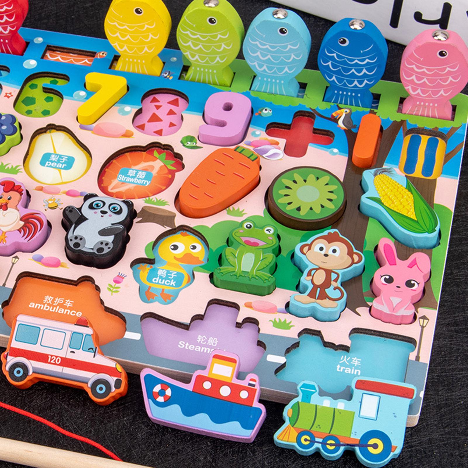 Wooden Number Puzzle Shape Sorter Counting & Matching Game Magnetic Fishing Game Logarithmic Board Montessori Toy for