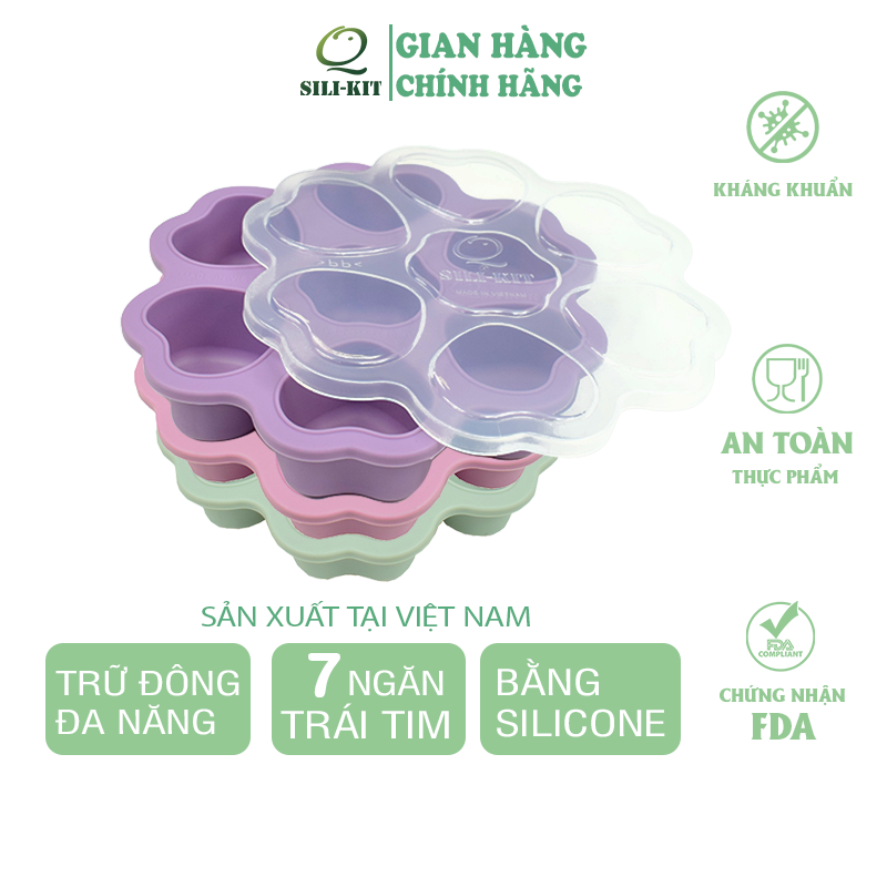 Khay silicon trữ đông Q SILI-KIT 7 ngăn hình trái tim có nắp, sử dụng đa năng, kích thước 20.8x4cm, 6x80ml, 1x90ml