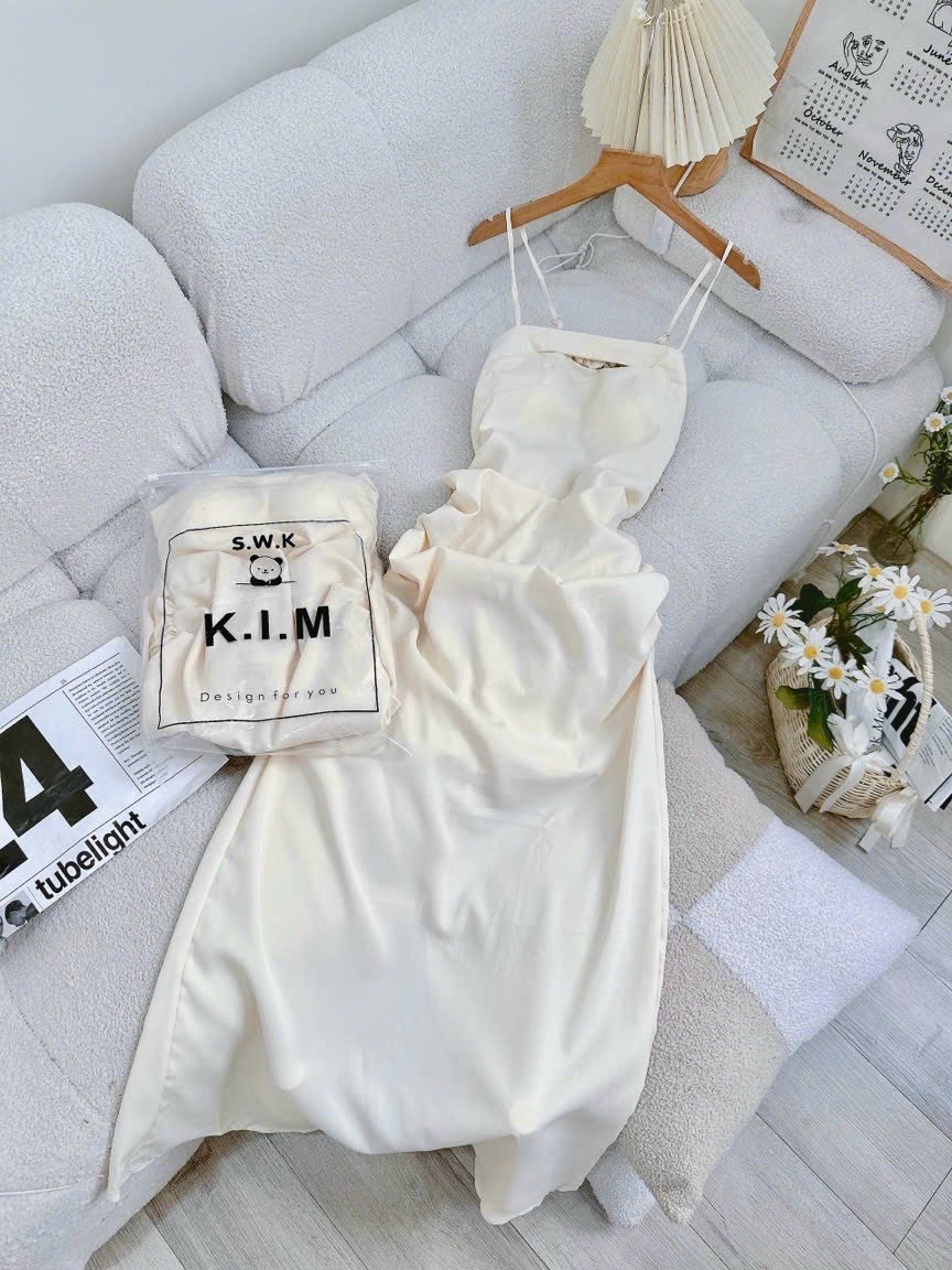 ĐẦM DÀI MIDI SUÔNG TRƠN CỔ U HAI DÂY XẺ TÀ XẾP LY TRẮNG KEM ĐI TIỆC DẠO PHỐ ĐI BIỂN