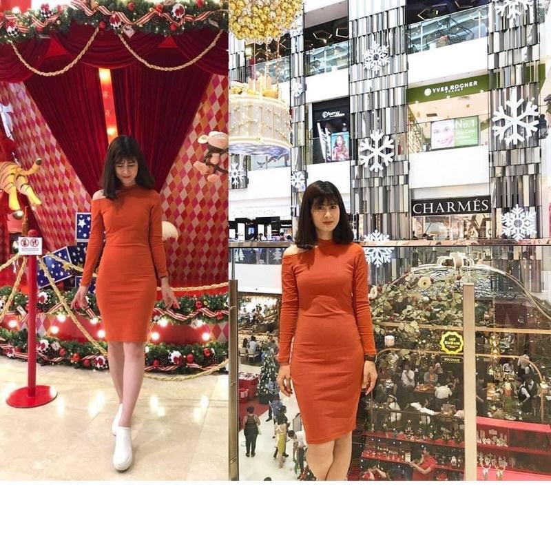 F368 Đầm ôm body khoét trễ 1 bên vai tay dài