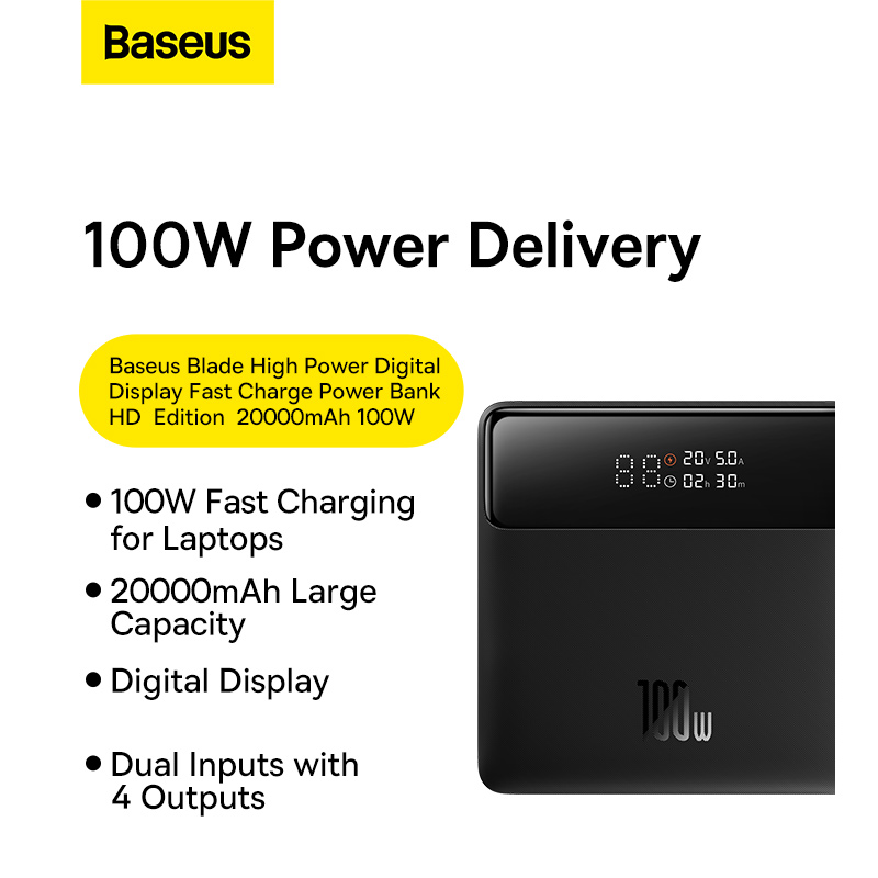 Sạc Dự Phòng OS-Baseus Blade Power Digital Display Fast Charging Power Bank HD Edition 20000mAh 100W Black (Kèm cáp C to C 50cm) (Hàng chính hãng)