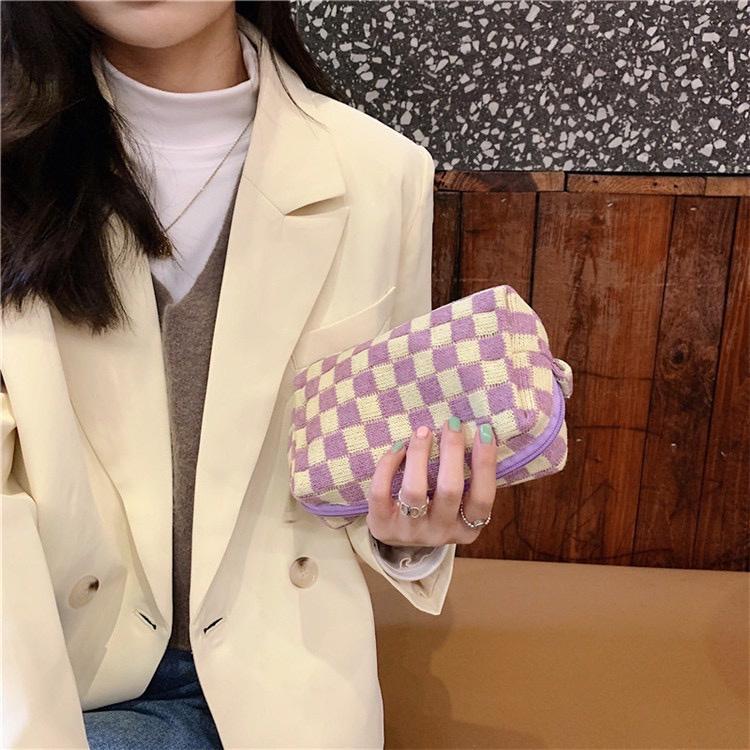 Túi đựng bút Túi đựng mỹ phẩm du lịch vải sợi dệt kim kẻ sọc caro xinh xắn tiện dụng phong cách Hàn Quốc TN15