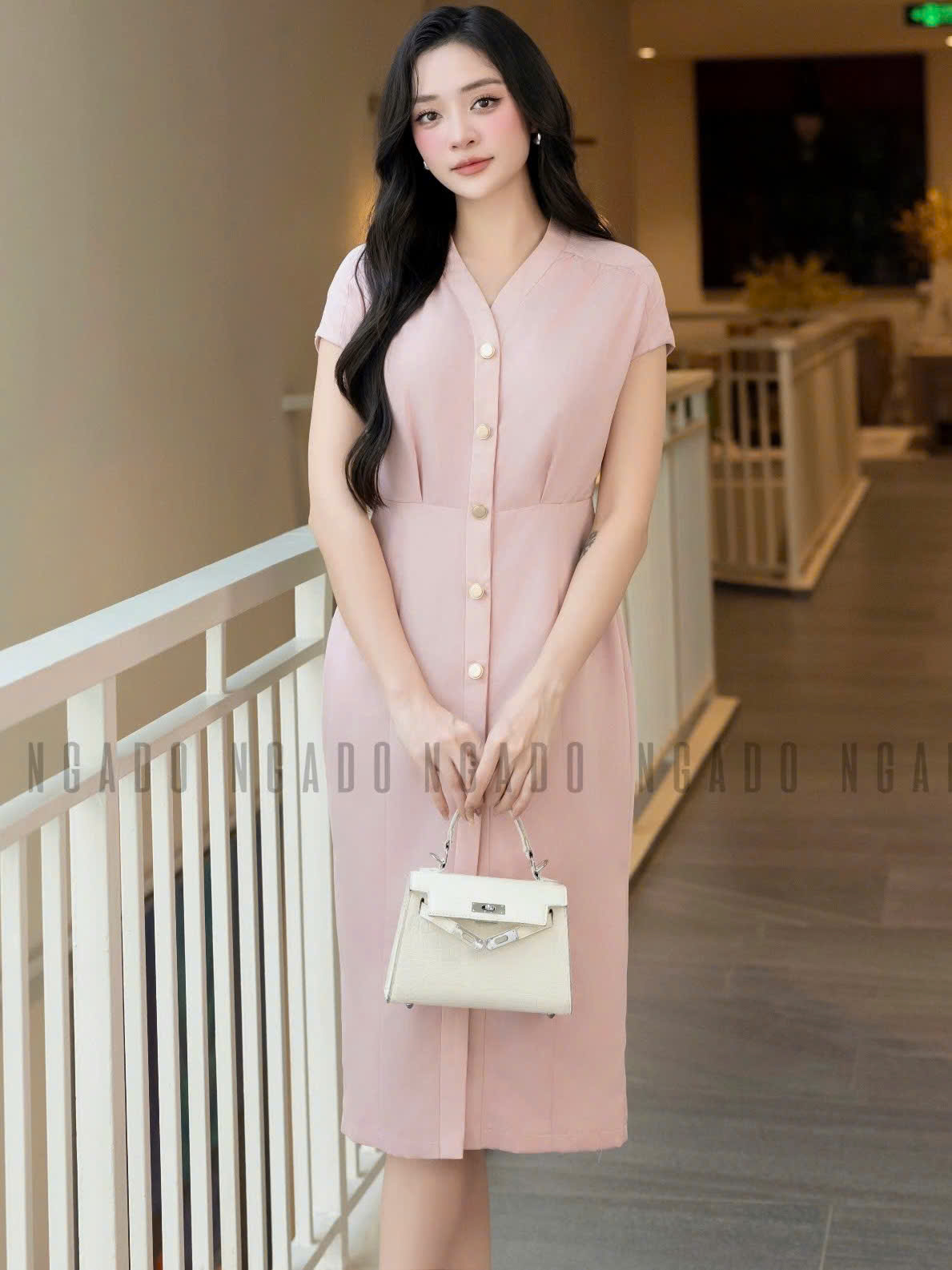 Đầm hồng nhạt cổ tim NGADO , đầm dự tiệc , đầm công sở