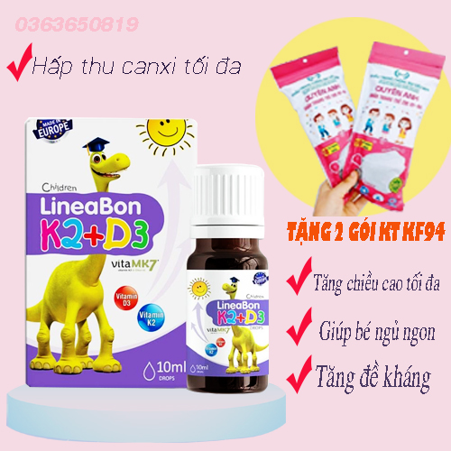 (Tặng bình nước) Vitamin D3K2 Lineabon tăng chiều cao tốt đa cho bé