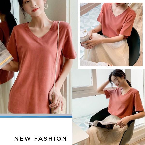 Áo thun nữ cổ tim trơn phong cách đơn giản 0142