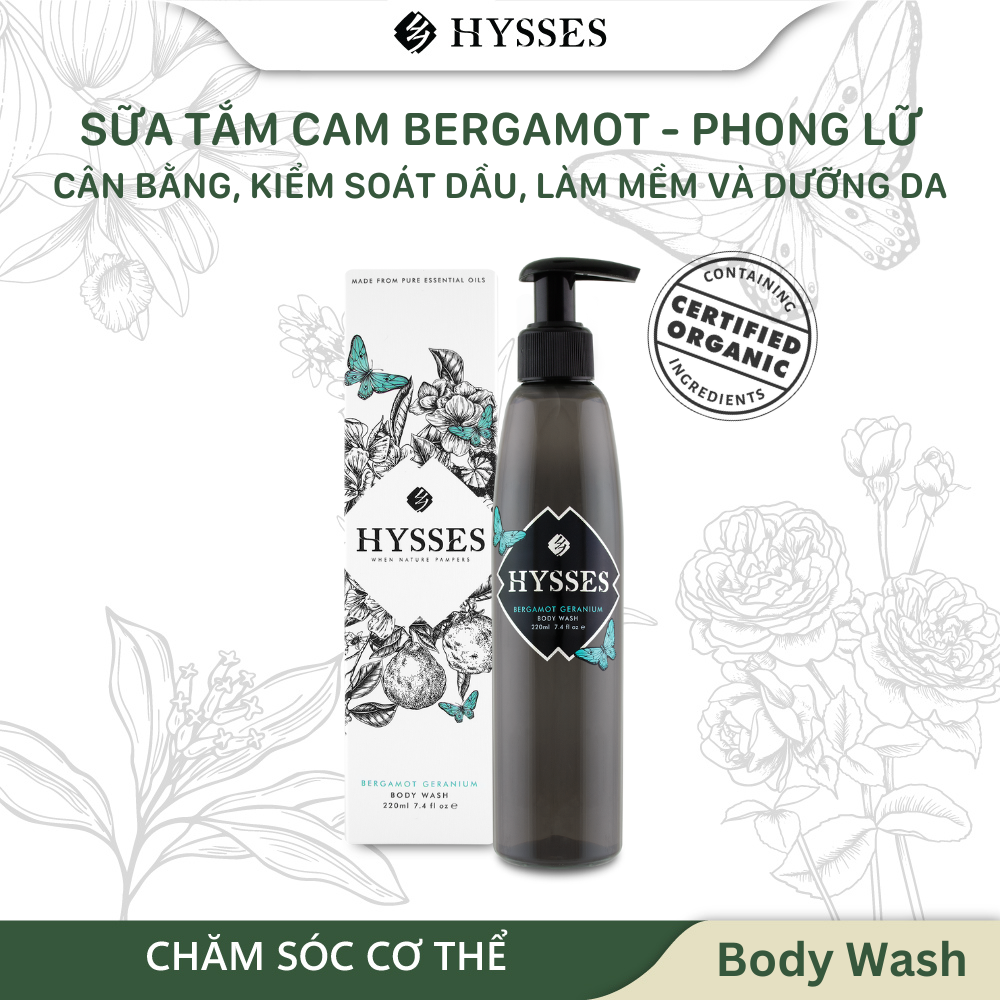 Sữa Tắm Tinh Dầu Hữu Cơ Cao Cấp Hysses Làm Sạch Chuyên Sâu, Giúp Cân Bằng Dầu Thừa, Dưỡng Ẩm và Phục Hồi Da Với Cam Bergamot & Hoa Phong Lữ Hữu Cơ Tự Nhiên