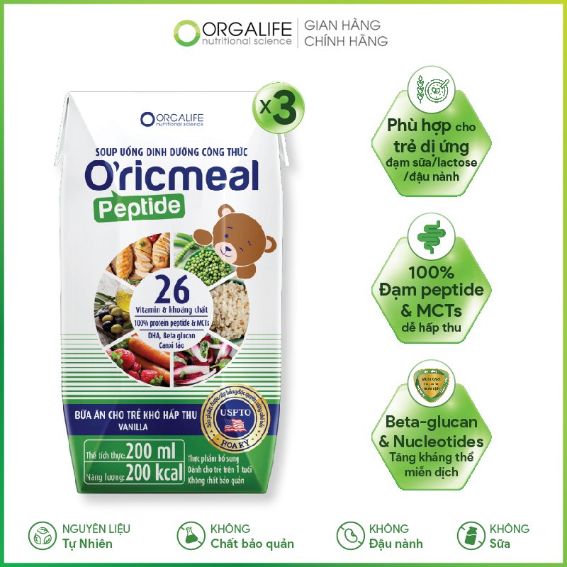 Lốc 3 Hộp soup uống dinh dưỡng O'ricmeal Peptide 200ml/hộp - Tăng cường miễn dịch, phát triển trí não, giúp trẻ cao lớn