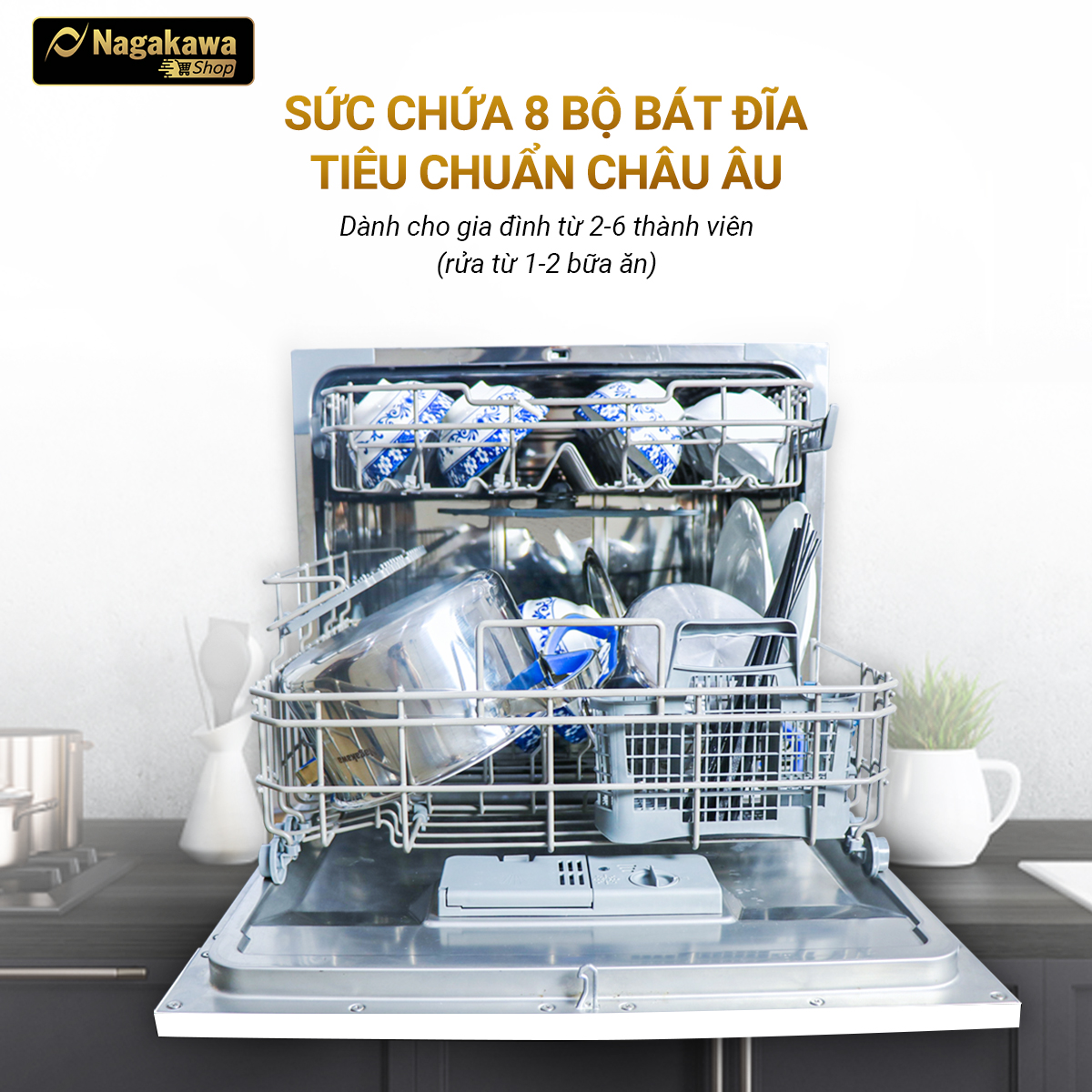 Hình ảnh Máy rửa bát 8 bộ cao cấp Nagakawa NK8D61M- Bảo hành 2 năm - Made in Malaysia - Hàng chính hãng