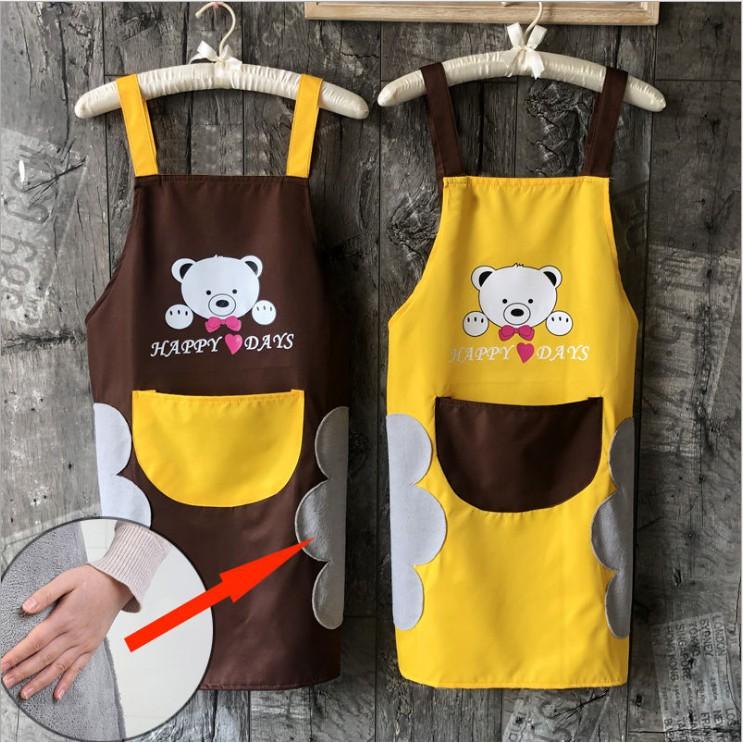 Tạp dề nội trợ dạng yếm in hình GẤU có túi, chống nước, chống dầu mỡ, có thể lau tay trực tiếp
