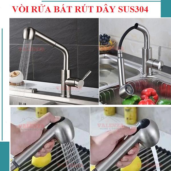 Combo chậu rửa chén 1 hố 7846 sus304 Valenza vòi rửa bát nóng lạnh dây rút 02 bộ xả khay inox bình rửa bát- Dày 3li