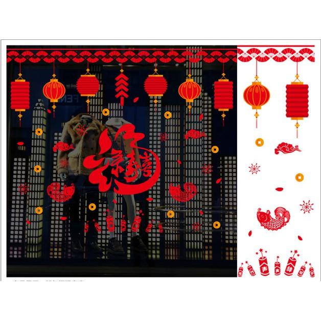 Decal trang trí tết - Chữ lớn kèm dây lồng đèn đỏ