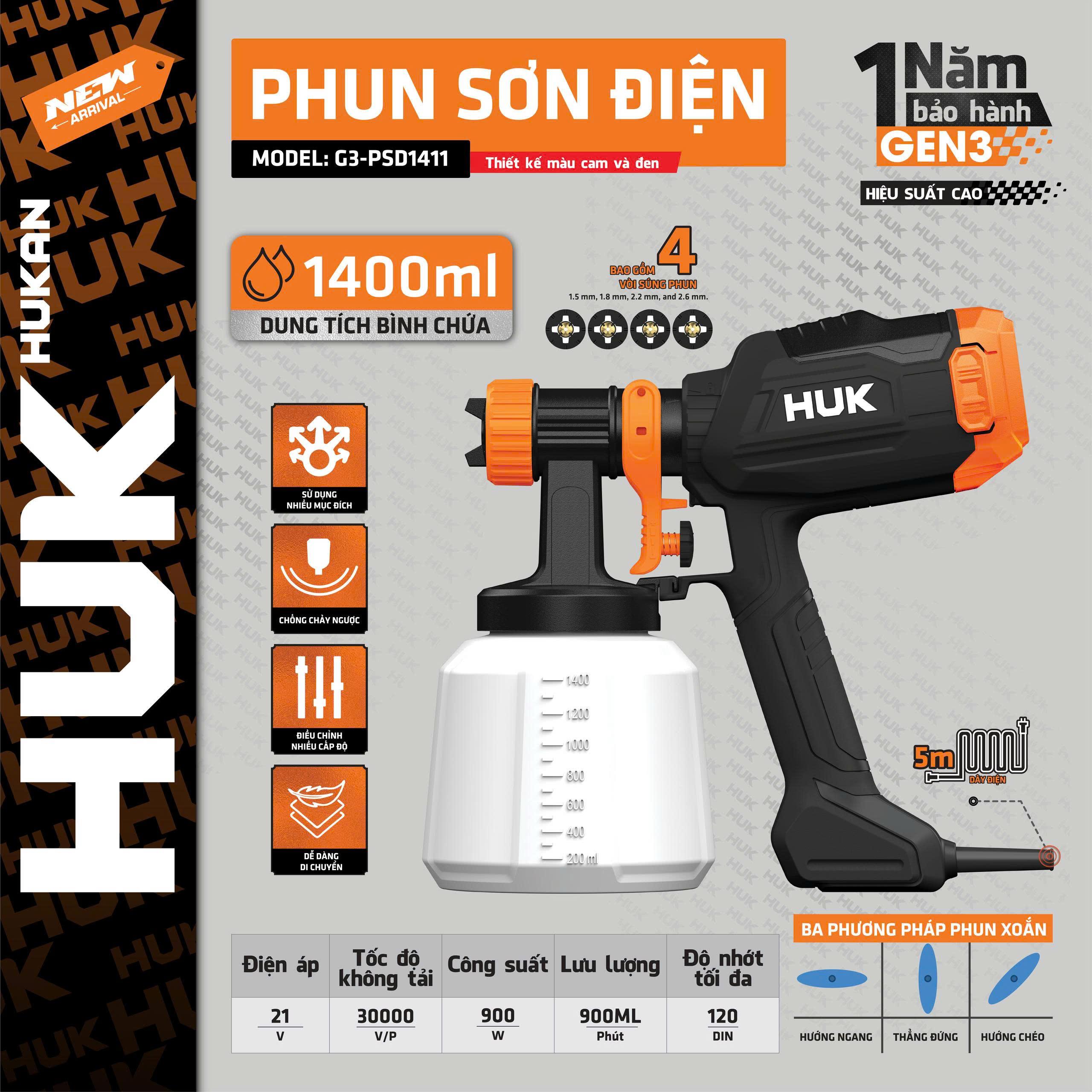 MÁY PHUN SƠN 1.5MM 900W G3-PSD1411 HUKAN -HÀNG CHÍNH HÃNG